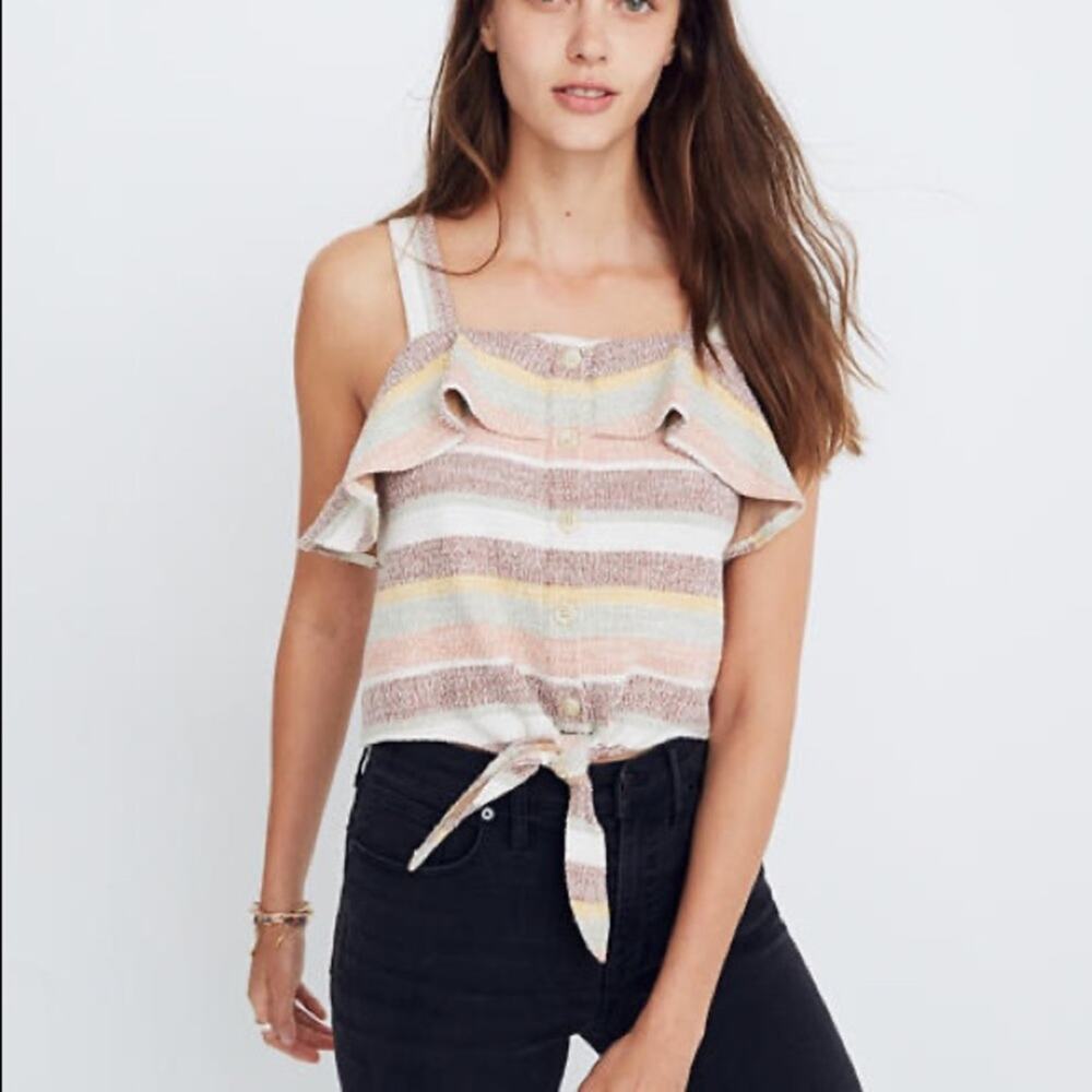 Madewell Texture & Thread Stripe Ruffle Button Down Tie Tank Top Size XS